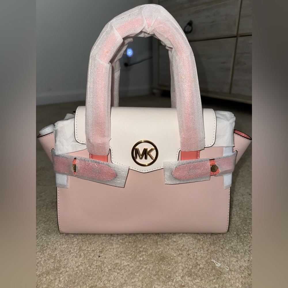 Carmen Medium Color-Block Faux Saffiano Leather Belted Satchel